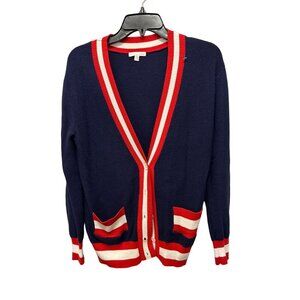 Minnie Rose Cotton Cashmere Cardigan with Front Pockets Blue Ribbed Red White